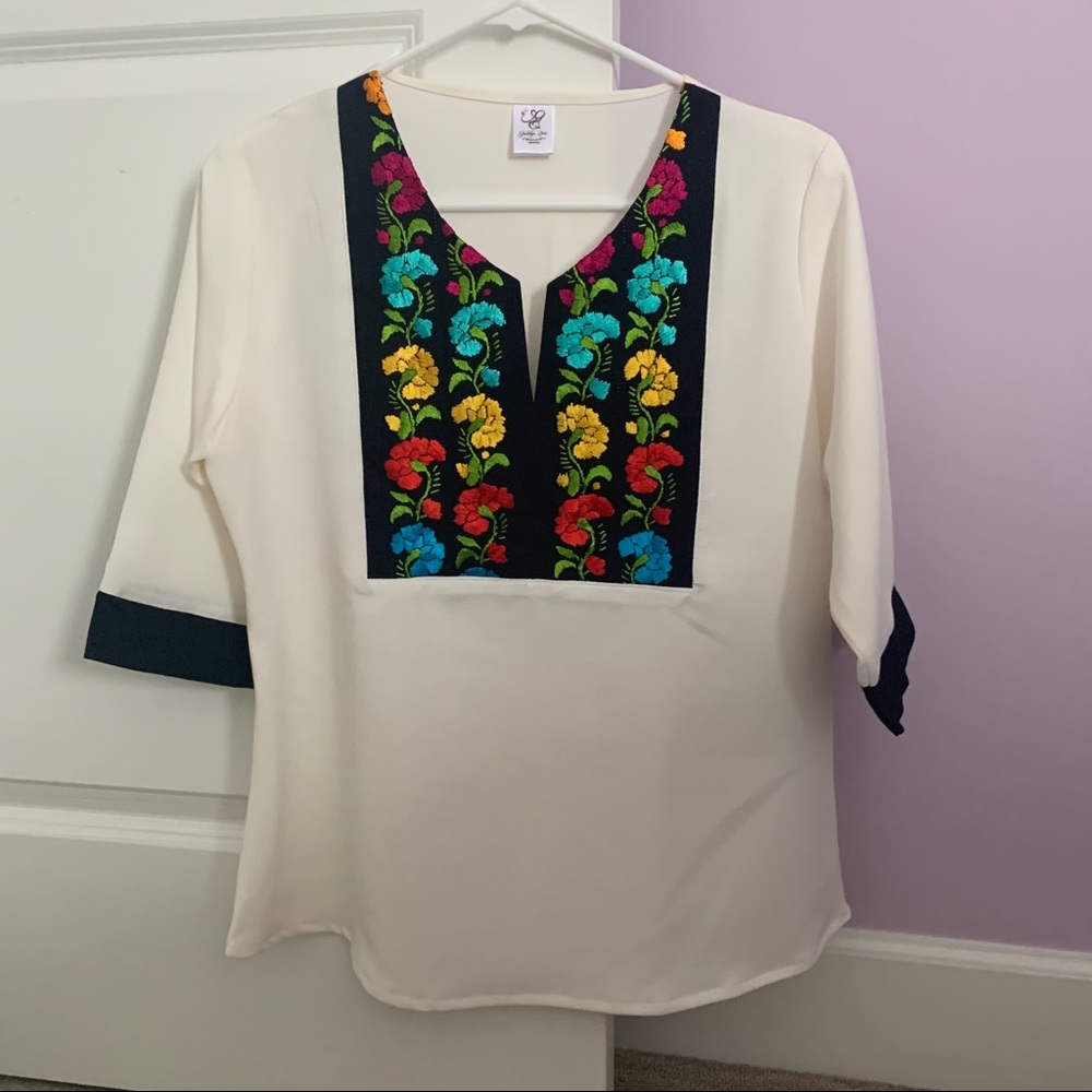 Oaxaca Inspired Cream and Black Floral Blouse